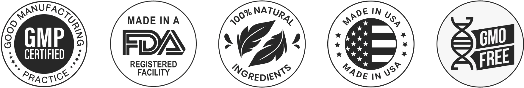 GMP certified, FDA registered, Made in USA, natural, non-GMO badges for Sugar Defender